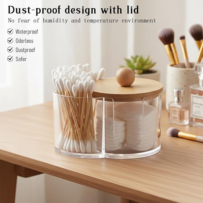 Cotton Round Holder, Dual Compartment Qtip Dispenser with Removable Dustproof Lid, Clear Plastic Cotton Pad Holder, Countertop Cottons Ball Holders Storage Container