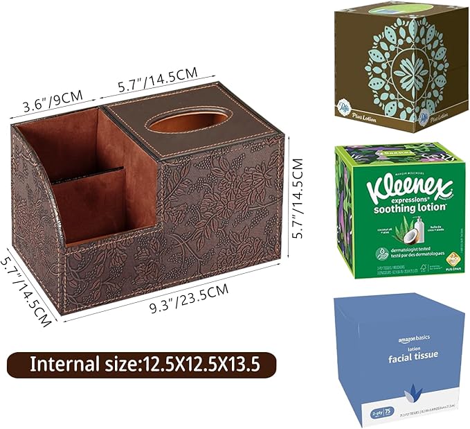 PU Leather Square Tissue Box Cover - Multi-Functional Tissue Box Holder, Tissue Box Cover with Storage,Tissue and Remote Control Holder, Cube Tissue Box Organizer Bedroom Nightstand End Table