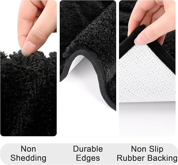 HEBE Bathroom Rugs Sets 5 Piece, Soft Absorbent Microfiber Bath Mat for Bathroom, Non Slip Washable Bath Rug Set with Toilet Cover, Bath Runner and U-Shaped Contour Toilet Rug, Black