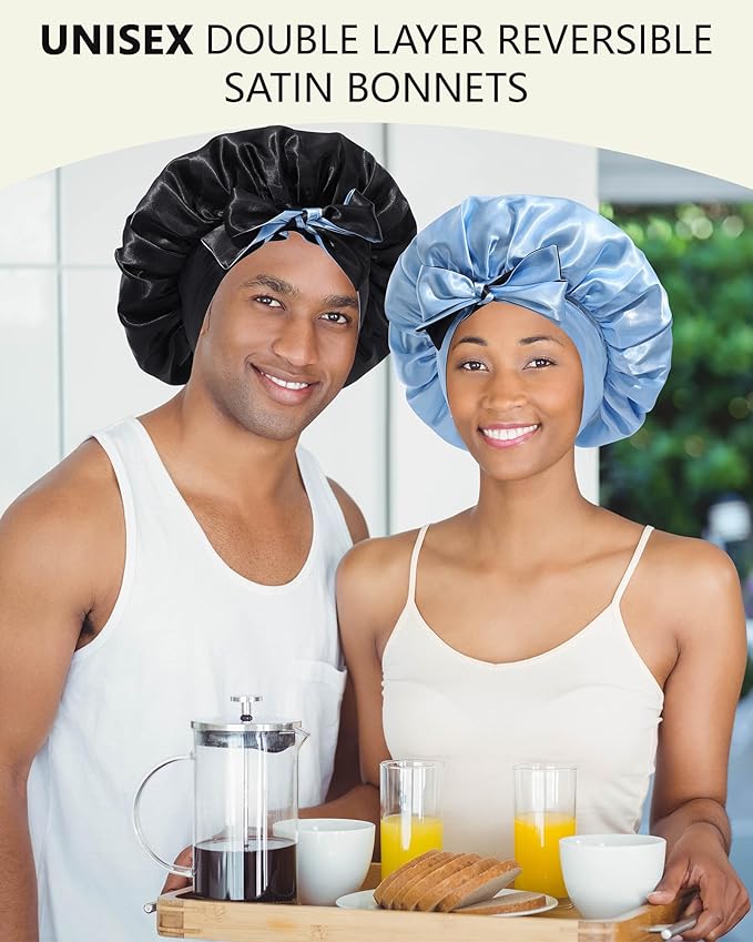 Satin Hair Bonnets for Women Curly Hair Wrap Reversible Bonnet with Tie Band Night Cap Double Layer Sleep Cap in Black + Blue