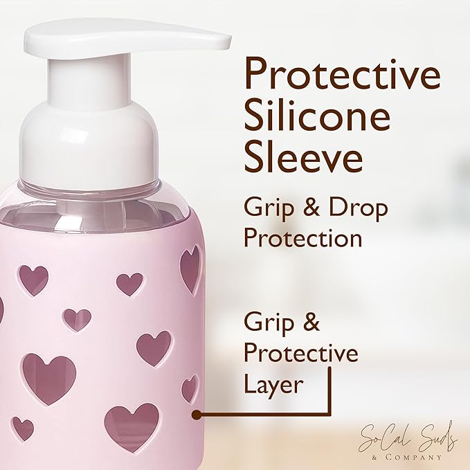 SoCal Suds & Company Foaming Hand Soap Dispenser Glass, Liquid Soap Pump with Heart Silicone Sleeve, Refillable Bottle for Kids, Baby Wash & Shampoo, Ideal for Bathroom & Kitchen Use, Soft Pink, 8oz