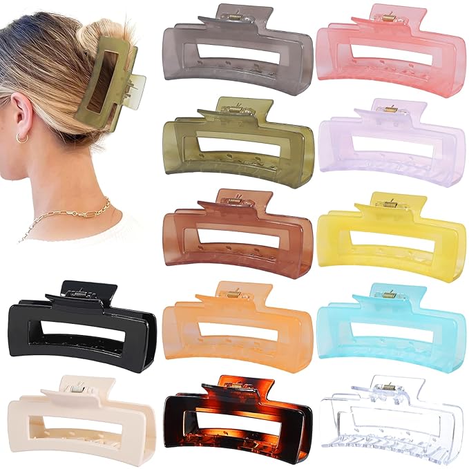 12 Pack Large Square Hair Claw Clips for Women and Girls, 4.1 x 2.1 x 1.2 inch, 12 Rubber Paint and Plastic Materials, Non-Slip Jumbo Jaw Design - Jelly