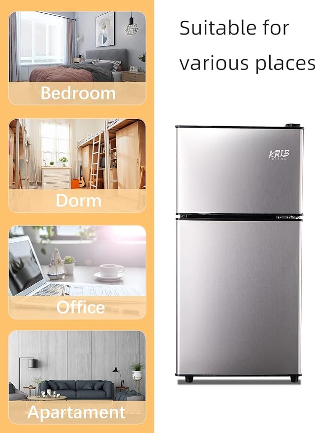 Mini Fridge With Freezer,3.5 Cu. Ft Compact Refrigerator With 2 Doors,7- Level Adjustable Thermostat, Removable Glass Shelves For Bedroom, Office, Kitchen, Apartment, Dorm, Silver