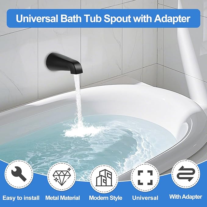 Universal Bath Tub Spout with Adapter, Bathtub Faucet Spout Without Diverter, 5" Length Bathtub Spout for 1/2'', 3/4'' IPS Inside Thread Connection and Tub/Shower Faucet (Matte Black)