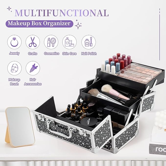 Leeora&Leekoo Makeup Train Case Cosmetic Box Portable Makeup Case Organizer 2 Trays Makeup Storage with Mirror for Cosmetologist Aesthetic Supplies Nail Tech Traveling Makeup Box (Flashing Star)