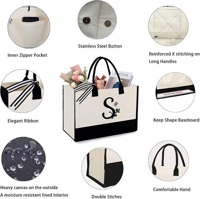 Personalized Gifts for Women - Initial Canvas Tote Beach Bag & Makeup Bag, Unique bags for Christmas, Birthday, Holiday, Wedding, Monogram Birthday Gifts for Women, Wife, Friends, sisters, Mom (S)