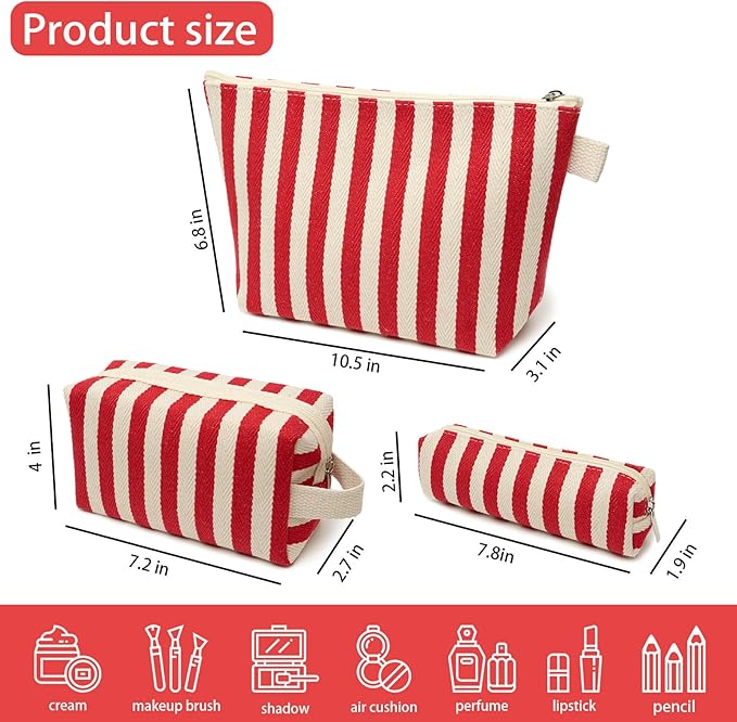 3 Pcs Makeup Bag Set Striped Canvas Purse Cosmetic Bag For Women Travel Toiletry Pouch Organizer pencil case (Red-White)