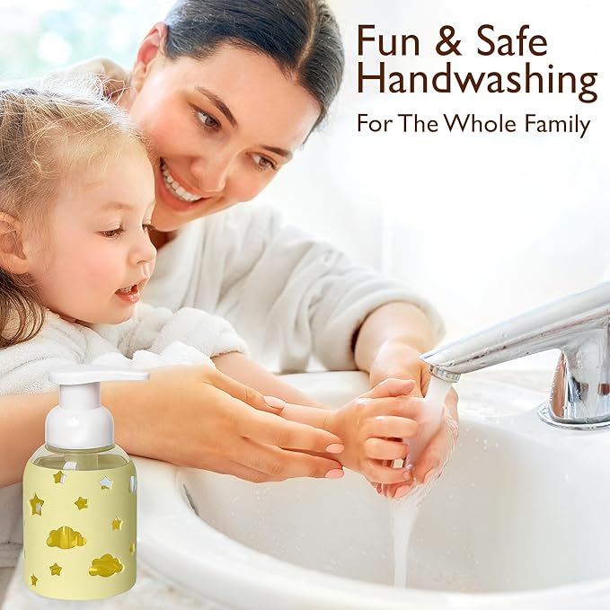 SoCal Suds & Company Foaming Hand Soap Dispenser Glass, Liquid Soap Pump with Cloud & Star Sleeve, Refillable Bottle for Kids, Baby Wash & Shampoo, Ideal for Bathroom & Kitchen Use, Light Yellow, 8oz