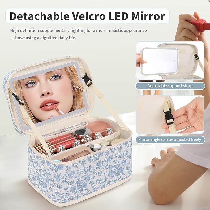Makeup Bag With LED Mirror, Lightweight Travel Makeup Bag With 3 Color Setting Light Up Mirror Cosmetic Makeup Organizer Vanity Case for Women Beauty Tools Accessories Rechargeable Train Case-Floral