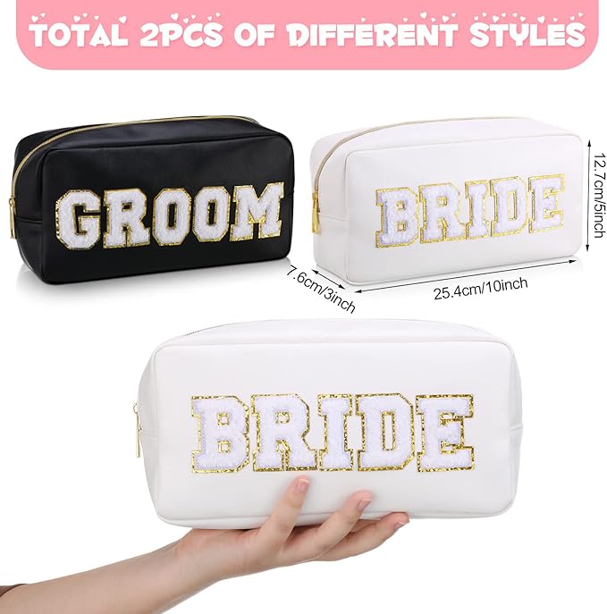Oudain 2 Pcs Bride and Groom Makeup Bag Letter Patch Cosmetic Travel Toiletry Bag Women PU Leather White Portable Bride Purse Wedding Pouch for Bridal Shower Gift Bachelorette Party Favor