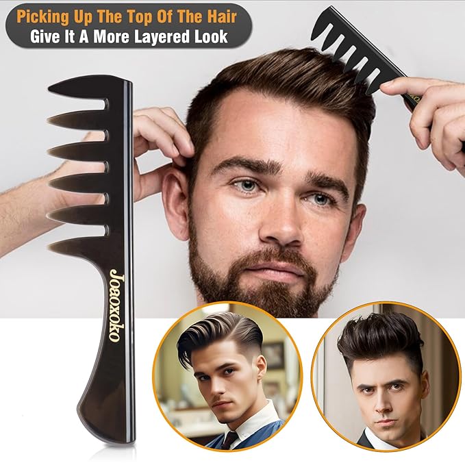 Wide Tooth Comb Set for Men - 4 Pcs Professional Barber Combs with Anti-Static Design, Reduce Hair Pulling for Curly Thick Hair, Textured ABS Black Combs for Travel Salon Home Grooming