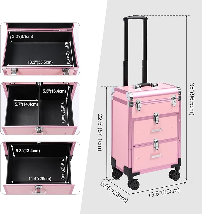 3 in 1 Rolling Makeup Case, Professional Cosmetology Case on Wheels, Detachable Clear Makeup Bag & Nail Polish Organizer, Portable Makeup Trolley with Drawers for Makeup Artists & Nail Technicians