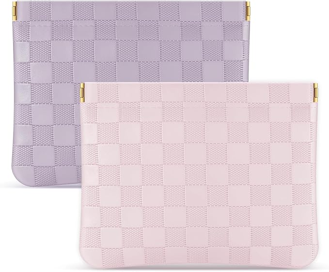 Sightor 2PCS Pocket Cosmetic Bag for Purse, Checkered Makeup Bag Portable Leather Cosmetic Bag for Women, Coin Purse Lipstick Cosmetic Accessories Organizer Travel Cosmetic Pouch (Pink, Purple, L)