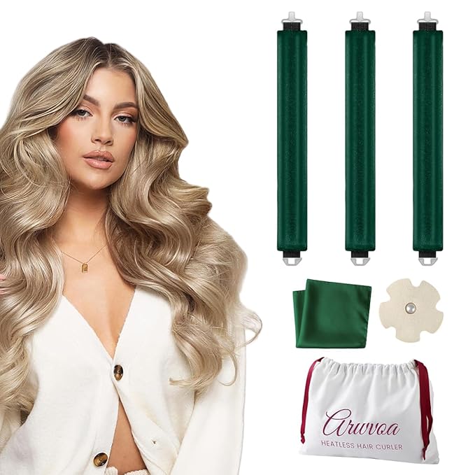 Heatless Curls Overnight Heatless Hair Curler Heatless Blowout with Luxury White Bag Silk Scarf, Curling Rod to Sleep in No Heat Curling Headband, (Green 3PC)