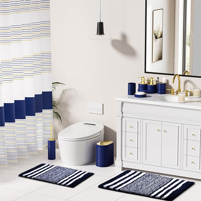 Bathroom Set - Bathroom Sets with Shower Curtain and Rugs, 25PC Bathroom Accessory Set, Blue Bathroom Accessories Set with Trash Can, Soap Dispensers