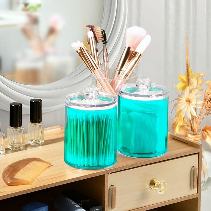 Teal Green Qtip Holder Organizer Dispenser Cotton Swabs Cans Plastic Jars with Lid Set 2 Pack Bathroom Storage Canister for Cotton Ball Floss Cotton Pads