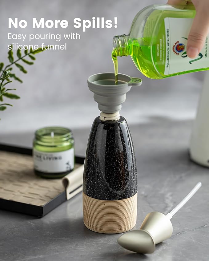 Ceramic Dish Soap Dispenser with 2 Pumps for Hand Soap, Shampoo, Lotion, Conditioner, 12 oz Refillable Soap Bottle with Silicone Funnel for Mother's Day Bathroom & Kitchen, Black