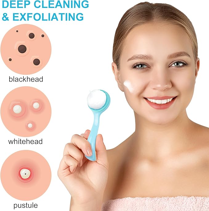 Silicone Manual Facial Cleansing Brush, Skin Friendly Waterproof Face Cleaning Scrubber Exfoliator Cleanser for Blackheads Whiteheads Makeup Residues Removal- Blue