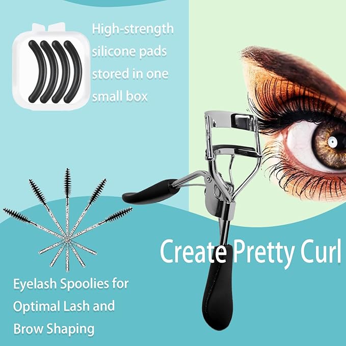 BenePoint Eyelash Curler, Lash Curler with Bonus 4Pcs Replacement Lash Pads& 5Pcs Eyelash Spoolies, Eyelash Curler Kit Portable Travel Eyelash Curler for Eyelash Extension (Black)