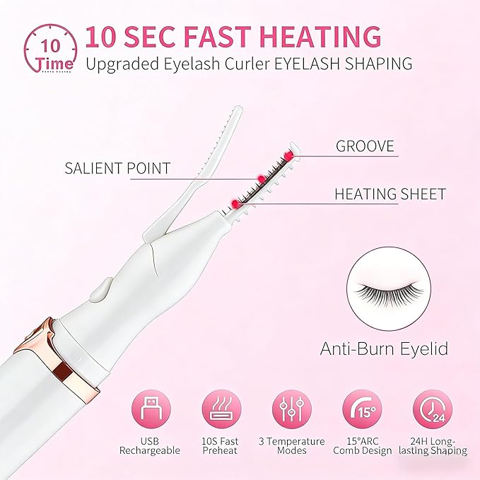 Heated Eyelash Curler Kit,Electric Eyelash Curler, Eyelash Curlers,False Eyelash Segments,Rechargeable Lash Curler for Makeup Natural Curling Eye Lashes and 24 Hours Long Lasting