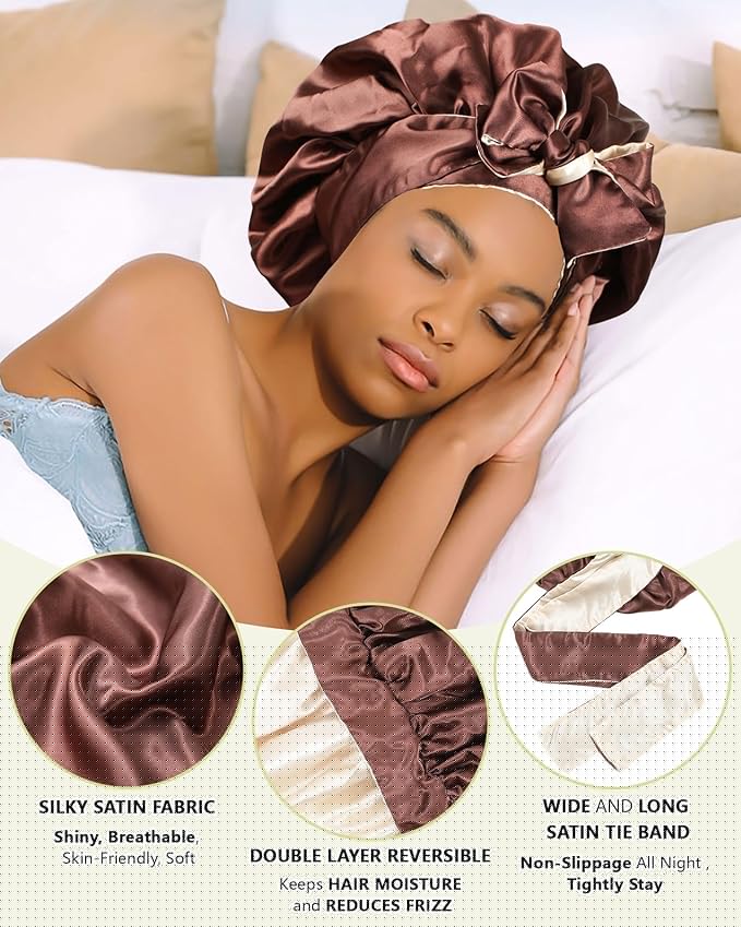 Satin Bonnet Silk Hair Bonnets for Women Curly Hair Wrap Night Cap Double Layer Sleep Cap Reversible with Tie Band (Brown + Champagne)