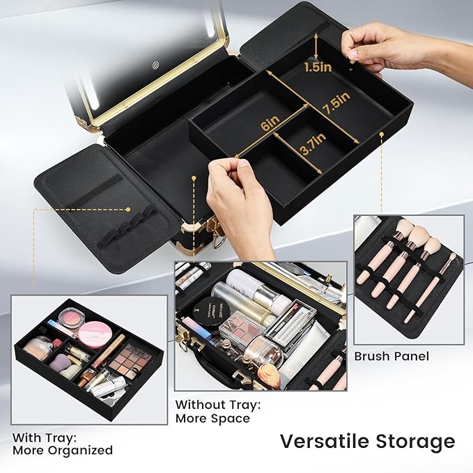 Makeup Train Cases with Light Up Mirror 3 Color Setting, Lighted Makeup Case Organizer with Detachable Tray, Travel Makeup Box with Light for Make up Tools Storage (Black Moutain Shadow)