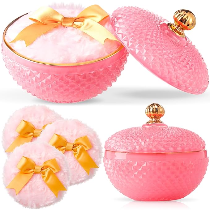 4 Pcs Pink Large Body Powder Puff and Container for Body with Crystal Container Fluffy Soft Washable Face Glitter Powder Puff Puffs for Wet Dry
