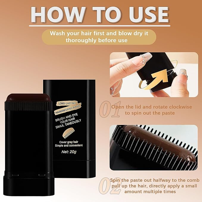 2-in-1 Instant Hair Color Stick & Comb, 2 Pcs Portable Color Touch-Up Hair Sticks with Comb, Waterproof and Sweat-Proof Hair Dye Comb, Quick Root Touch-Up for Gray Hair Coverage (Brown balck)