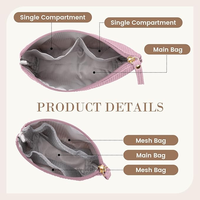 MAGEFY 2Pcs Makeup Bag Set, Cute Makeup Pouch for Purse Corduroy Travel Cosmetic Pouch for Women with Slip-in Pockets for Purse Essentials Accessories(Pink,Mini+Small)