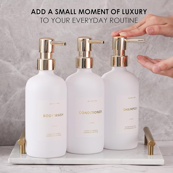 HOMCDALY Shampoo and Conditioner Dispenser, 21oz 3-Pack Refillable Pump Bottles, Shampoo Container, Empty Pump Bottle, Bathroom Shower Dispenser（21oz-White&Gold）
