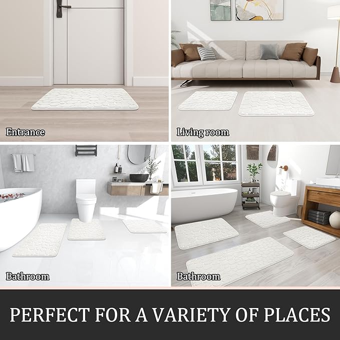 YIHOUSE Bathroom Rugs Mat Set 2 Piece White, Memory Foam Bath Mats Sets, Non Slip Water Absorbent Washable Bath Rugs for Sink, Toilet and Floor