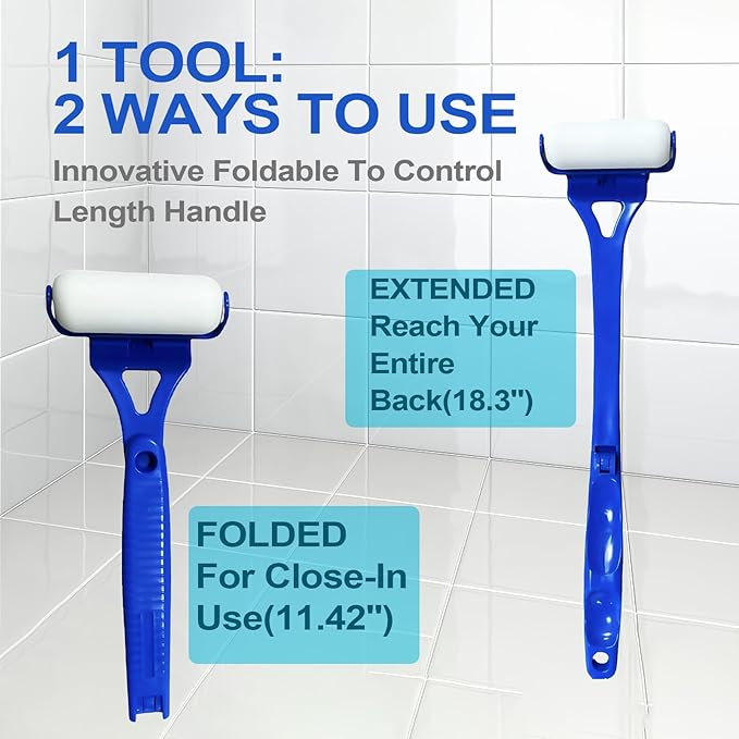 Lotion Applicator for Back & Body, Sunscreen Application Roller (3 Reusable Foam Rollers) with Long Reach Folding Handle and Silicone Body Scrubber - Apply Lotion, Moisturizer, Cream, Ointment,Blue