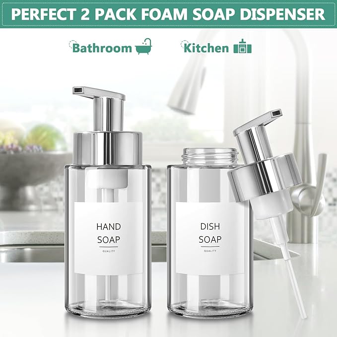 Glass Soap Dispenser, 10 oz/300ml Foaming Soap Dispenser, 2 Pack Foaming Hand Dispenser for Bathroom & Kitchen, Clear Refillable Foam Soap Bottle with Silver Pump