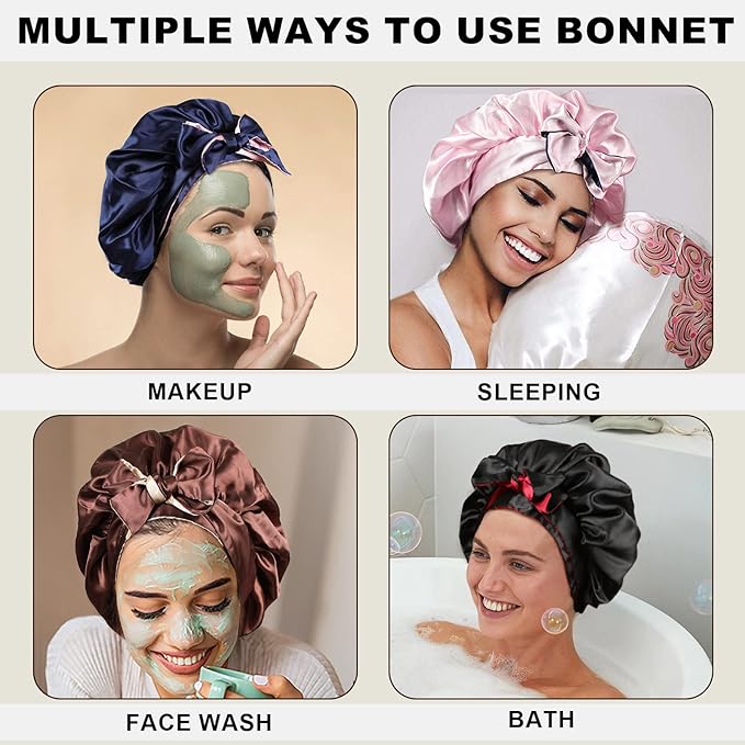 Satin Bonnet Silk Hair Wrap for Sleeping - Reversible Cap with Tie Band - Night Cap Double Layer for Curly Hair (Navy Blue + Pink)