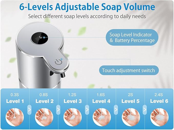 Automatic Liquid Soap Dispenser 12.8oz, Rechargeable & 6 Levels Soap Adjustable with Digital Display, Wall Mount, Waterproof, Touchless Hand/Dish Soap Dispenser for Kitchen, Bathroom, Hotel