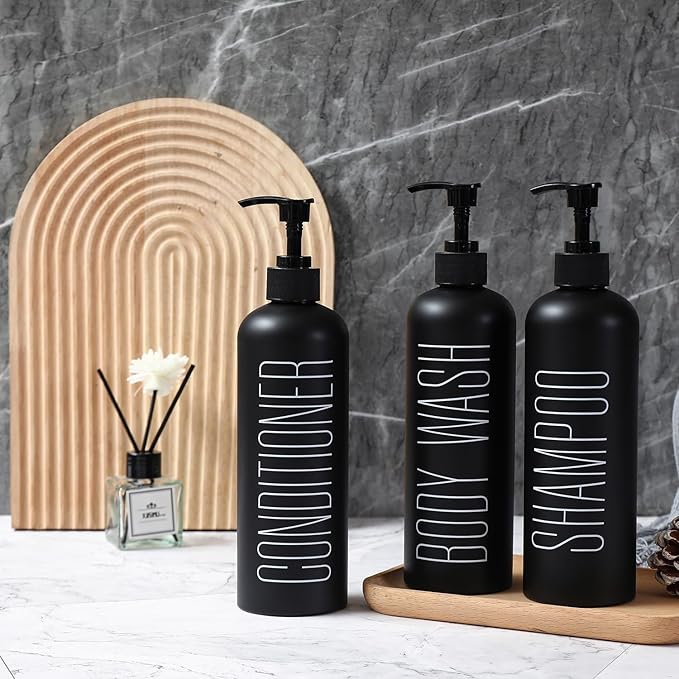 HOMCDALY Black Shampoo and Conditioner Dispenser, 16oz 3-Pack Refillable Pump Bottles, Shampoo Conditioner Body Wash Dispensers Bottles, Bathroom Shower Dispenser (Black-2