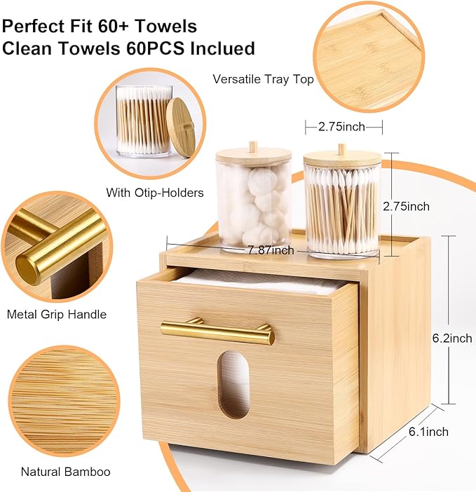 Face Towels Holder with 60 XL Towels, Disposable Towelettes Bamboo Box Cotton Balls Holders, Facial Towels Container with Drawer, Towels XL Organizer for Bathroom, Makeup Remover Dry Wipes Washcloths