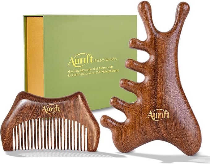 Wooden Gua Sha Tool Set – Facial & Scalp Manual Guasha Massage Tool for Tension Relief, Lymphatic Drainage Scraping Board with Portable Mini Wooden Comb, Self Care Gift-Ready Box