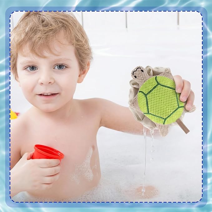 Vesici 2 Pcs Loofahs for Kids Children's Bath Loofahs Girls Toddler Cute Cartoon Bath Sponges Loofah Pouf Body Scrubber Mesh Sponges for Shower Washing Exfoliating (Turtle,Goose)