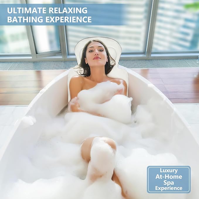 Full Body Bath Pillow, Luxury Bath Cushion with 192 Suction Cups, Bath Pillows for Tub for Head and Neck Support, with Laundry Bag White, 63" x 16"