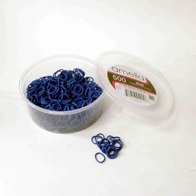Amelia Beauty 500 Count Small Rubber Bands for Hair – ½" Blue- Made in USA - Recloseable Container - Mini Hair Elastics for Braids, Ponytails, Cornrows & Twists – Strong Hold Ponytail Holders