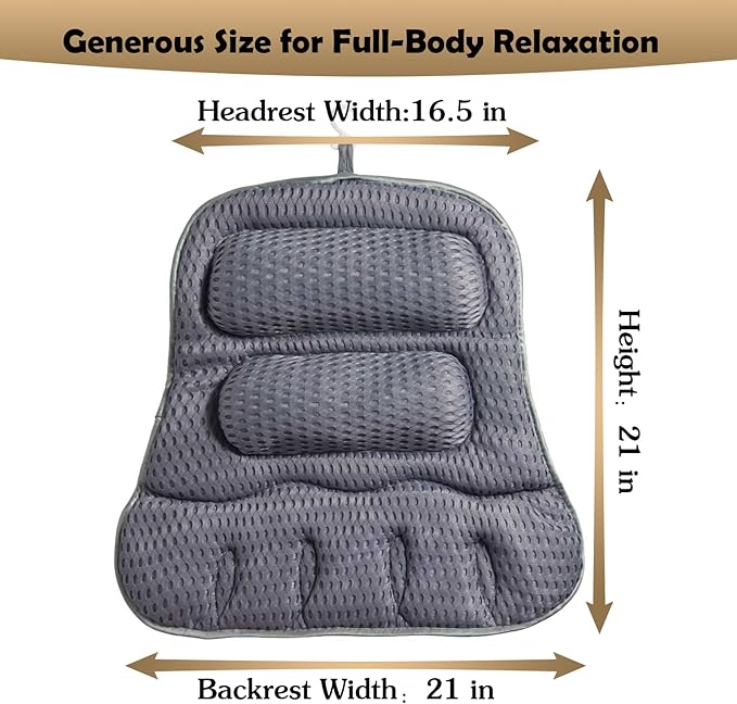 Bath Pillows for Tub, Full-Body Relaxation with Head, Neck & Shoulder Support, Ergonomic Design, 10 Suction Cups, Breathable 4D Air Mesh (Grey)