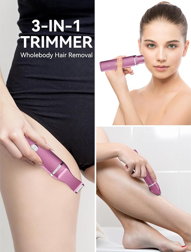 Pubic Hair Trimmer for Women-Unibono Bikini Trimmer, Replaceable 3-in-1 Electric Razors for Women, Electric Shaver in Poweverful Motor, Waterproof Personal Trimmer for Body Hair (Rose Red, RR-1)
