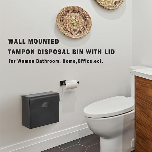 Sanitary Napkin Disposal Receptacle with Hygiene Disposal Bags and Trash Bag,9.4x7.8x3.5 inches Stainless Steel Wall Mounted Feminine Hygiene Disposal Trash Can Bin for Bathroom,Office (Black)