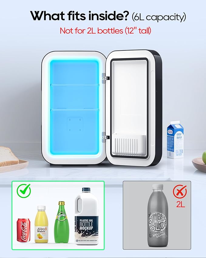 Mini Fridge,6 Liter / 8 Can Small Fridge for Bedroom, Car, Office & Dorm, 110V AC/DC Portable Thermoelectric Cooler & Warmer for Skincare, Food, Drinks,Black