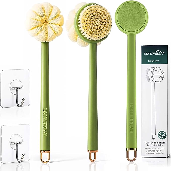 Back Scrubber for Shower with Long Handle (15.7”) – Dual-Sided Bath Brush with Loofah Sponge, Replaceable Heads, Easy Reach for Back & Body, Includes 2 Wall Hooks