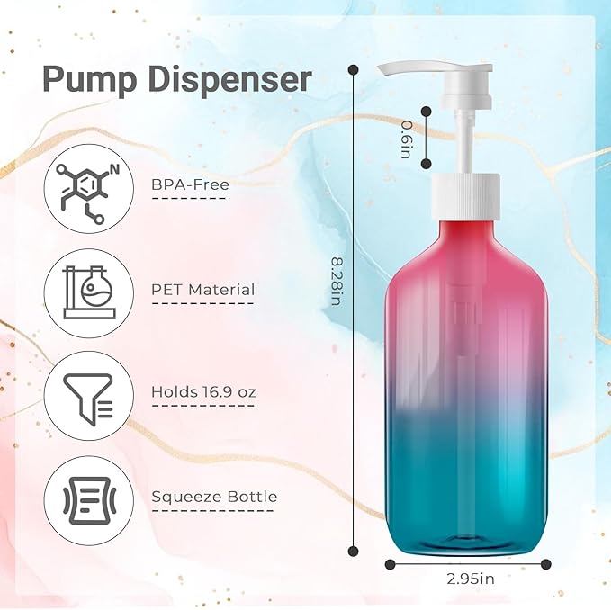 500ml Refillable Plastic Bottles with Pump Dispenser – 6 Pack Gradient Containers, BPA/Paraben-Free, Ideal for Travel Toiletries, Includes Labels