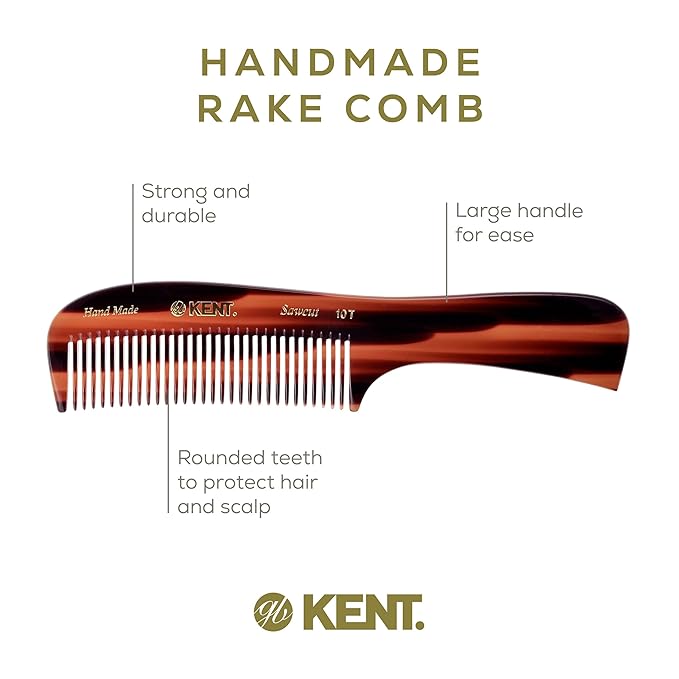 Kent 10T Large Detangler Comb, Handmade Wide Tooth Comb for Curly Hair, Detangling Combs For Wet and Dry Hair, Combs for Thick Hair, Saw-Cut and Hand Polished Made in England