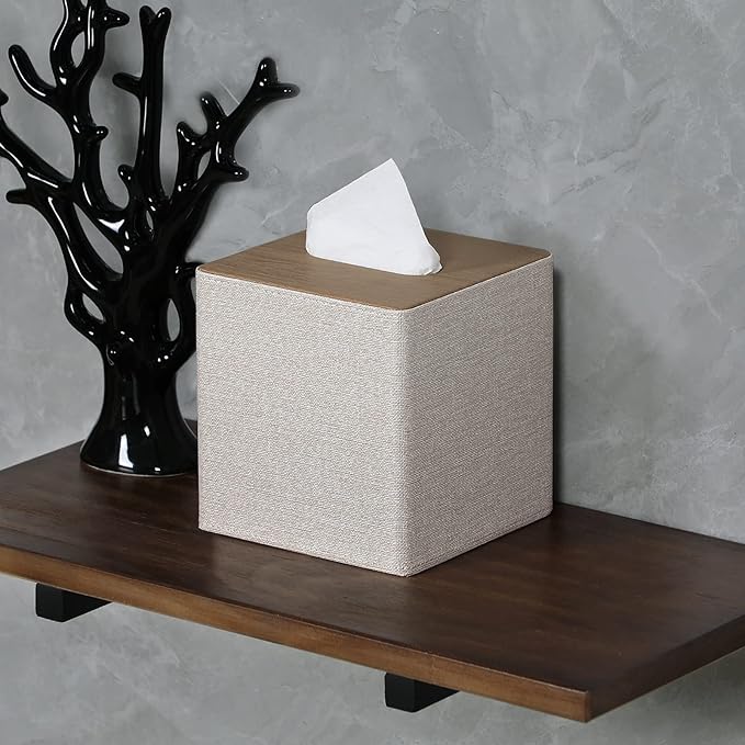 Tissue Box Cover Square PU Leather Facial Tissue Box Holder for Dresser Bathroom Decor (Beige)
