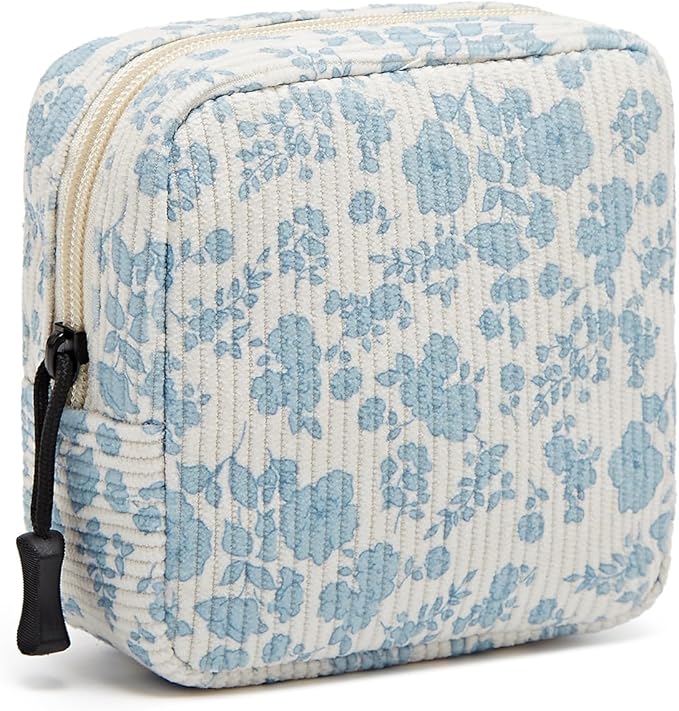 Small Makeup Bag for Purse,Mini Cosmetics Bag cute Zipper corduroy Cosmetic Pouch Storage Pouch Travel Toiletry Organizer for Women Girls(Plants Blue)
